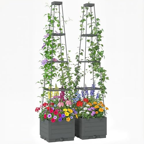 Outsunny 2 Pack Raised Garden Bed with Trellis Planter Box 28 x 28 x 140 cm