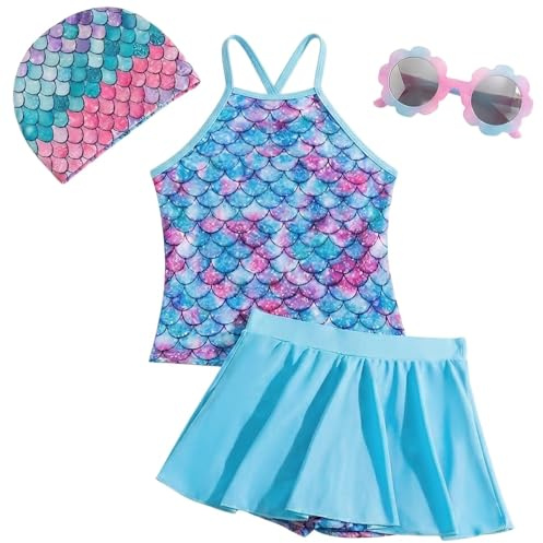 Costume da Bagno Bimba Tankini 4 Pezzi, Set Due Pezzi Design a Scaglie di Pesce con Gonna Pantaloncino, Cuffia e Occhialini, Outfit Estivo Vacanze Tema Oceano 9-10 Anni, Regalo di Compleanno
