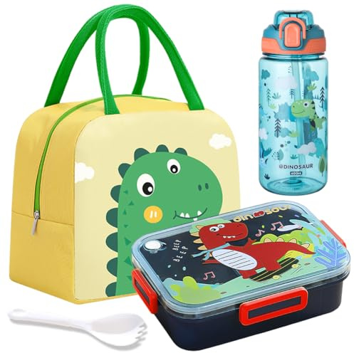 Spiritzohic Dinosaur Lunch Box, Dinosaur Bento Box Set with Water Bottle, Lunchs Bag Utensils Leakproof Lunch Containers Lunchbox Drinking Bottle Portability Snack Boxes for School,Picnic Animal