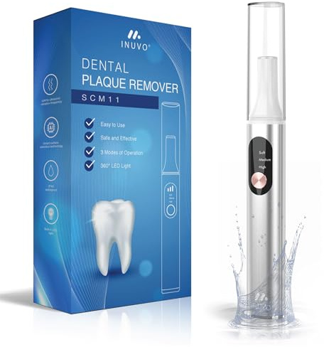INUVO Plaque Remover for Teeth, Teeth Cleaning Kit for Calculus, Tartar and Stains, Professional Premium Home Teeth Care Product | 1800 mAh Battery/LED Light/IPX5 | Silver