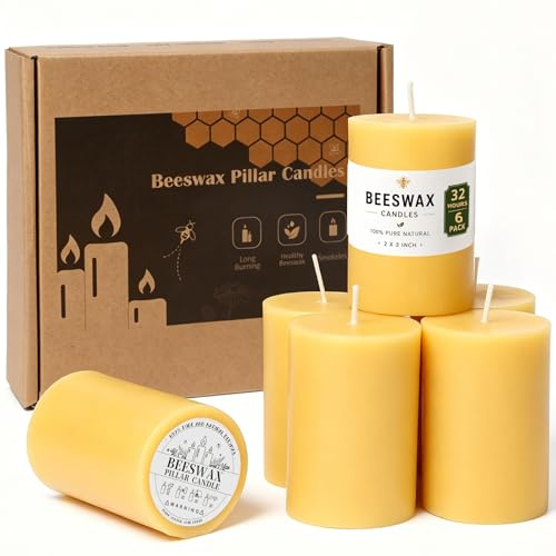 Lot de 6 bougies piliers en cire d'abeille jaune naturelle non parfumées pour mariages, décoration d'intérieur et spa, sans fumée et sans coulure, lot en vrac de bougies en cire d'abeille, 5 x 7 cm
