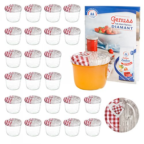 MamboCat 25er 230 ml Sturzglas-Set | Einmachgläser + Twist-Off-Deckel Holz-Herz rotkariert + GRATIS Rezeptheft | einkochen & konservieren | backofengeeignet