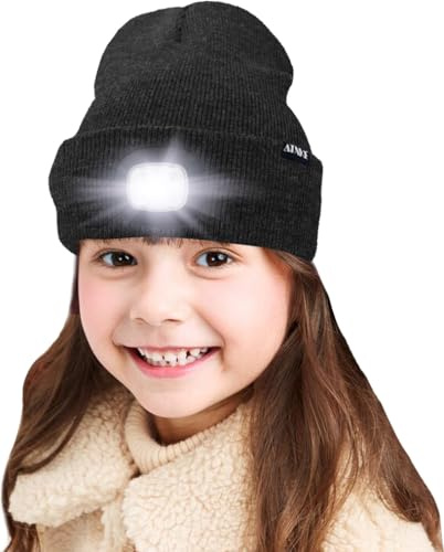 ATNKE LED-upplyst barnmössa med ljus, USB-uppladdningsbar strålkastare med 4 lysdioder, vattentäta, vintervarma stickade mössor för natten för pojkar och flickor, Mörkgrå, One size