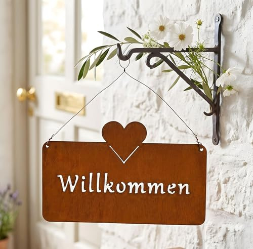 levandeo Willkommen Türschild Rost 25x16cm Gartendeko Eisen Hängeschild Gartenschild Herz Rostpatina Herzdekor Haustür Deko