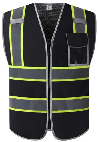 JKSafety Hi-Vis ANSI/ISEA Compliant Reflective Safety Vest for Construction High Visibility PPE for Men and Women Neon Color Safety Apparel for Works (099-Black, M)