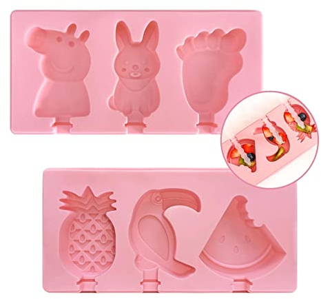 Focusynn 2 Moldes para Helados con formas. Moldes Reutilizable de Silicona con Tapa Antiderrame. Moldes de Polos con 6 Palitos de Plástico. Fáciles de Desmoldar (Modelo 1)