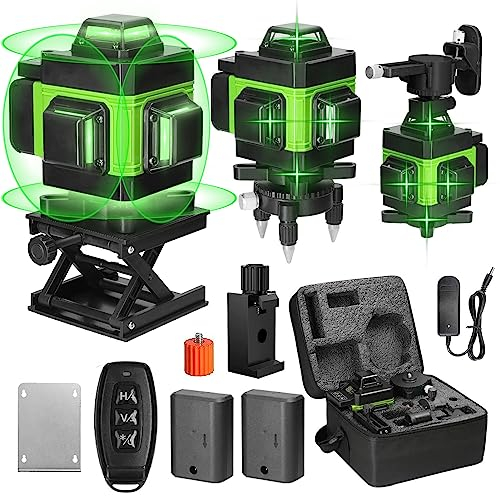 Kreuzlinienlaser Grün 16 Linien, 4 x 360 °Laser Wasserwaage Selbstnivellierend, 2400mAh Akku*2,Linienlaser kreuzlaser Baulaser für Konstruktion und Ausrichtun,Einstellbare Helligkeit,Fernkontrolle