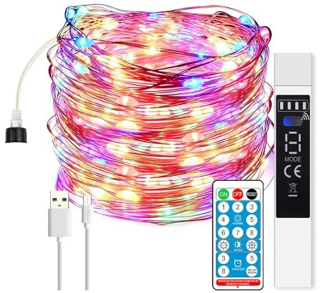 JANDEI - Guirlande Micro LED, Bande Lumineuse avec Télécommande, Minuteur, Rechargeable par USB (Batterie 1800MA). Décoration intérieure et extérieure Fêtes, Noël (Multicolore, 10 Mètres)