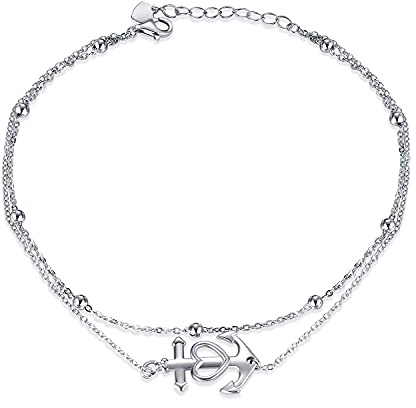Rnivida 925 Sterling Silver Anchor Anklet for Women, Multilayer Charm Foot Chain Adjustable Ankle Bracelet Jewelry for Women (Silver Anchor)