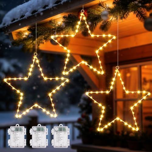 GlobaLink 3 Stück LED Weihnachtsstern Beleuchtung, Weihnachtsdeko Fenster mit 135 LEDs 8 Modi Batteriebetrieben für den Innen- und Außenbereich Weihnachten, Party, Deko, Hochzeit, Garten, Balkon