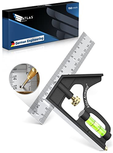 Atlas Armand® Kombinationswinkel 150mm + Einzigartige Lochreihe für Streichmaß - Präziser Universal Anschlagwinkel aus Metall - Kombiwinkel mit Linealanschlag und Anreisswerkzeug - Profi Messwerkzeug