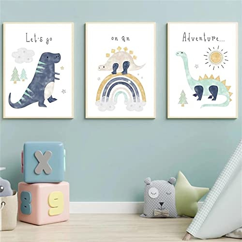 Sarah Duke Poster Kinderzimmer Deko, 3er Set Dinosaurier Wandbilder Junge, Ohne Rahmen Cartoon Leinwand Bilder, Wanddeko Kinderposter für Kinder (30 x 40 cm)