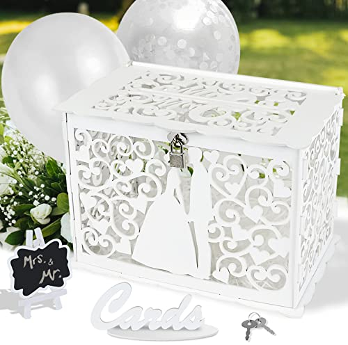 Ulikey Hochzeit Geschenkkartenbox, Hochzeitskartenbox Holz mit Schloss, Hochzeitskartenkiste Geldbox mit Bast und Luftballons, Weiß Vintage Kartenbox für Hochzeit Verlobungsfeier Brautdusche (Stil 2)