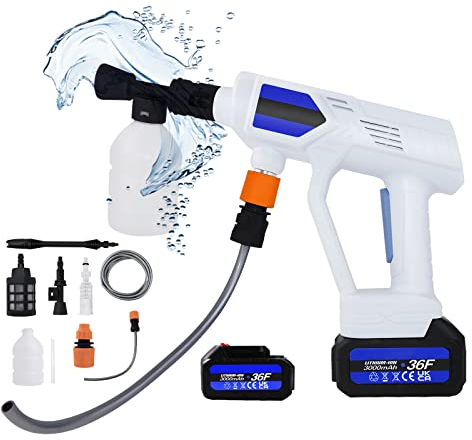 Tragbarer Hochdruckreiniger 120 W Autowaschset Jet Wash, Schaumpistole Autowaschanlage mit 1500 mAh Akku und Ladegerät, 5M/25CM Wasserschlauch, Filter, 0 ° Düse, zum Reinigen von Terrasse, Auto