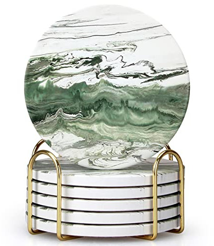 6 Stück grüne Keramik-Untersetzer mit Halter, rund, kühles Getränk, modernes, saugfähiges Untersetzer-Set für Couchtisch, dekorative Untersetzer, Bar, Bauernhaus, Outdoor-Untersetzer, Geschenke