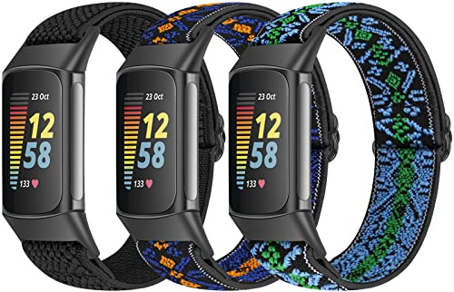 Bcuckood Klockarmband, 3-pack elastiskt, kompatibelt med Fitbit Charge 5-armband, töjbart justerbart sportarmband i nylon, ventilerande ersättningsarmband för Charge 5, fitness tracker, dam och herr