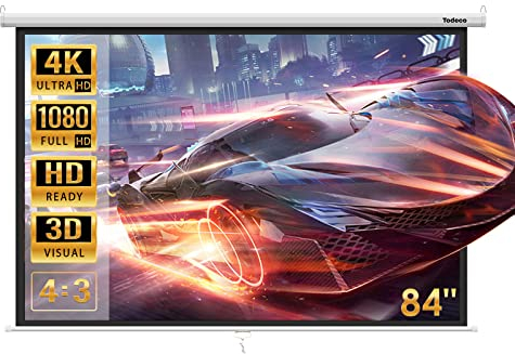 Todeco Leinwand, Hängeleinwand 84 Zoll 128 x 170 cm, Format 4:3, Heimkino mit 4K Full HD 3D, manuelle Rolloleinwand für Heimkino und Präsentation