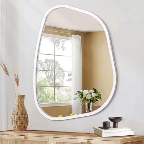 HLFMVWE Unregelmäßiger ovaler Wandspiegel Großer weißer 50 x 40 cm Zoll asymmetrischer Spiegel Moderner Holzrahmen Künstlerische Spiegel Dekor für Wohnzimmer Schlafzimmer Badezimmer