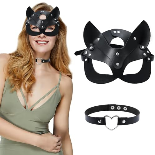 FainFun Ensemble masque de chat pour femme et collier ras du cou, masque Marvel Catwoman, masque pour Halloween, carnaval, Saint-Valentin, mascarade, fête, boîte de nuit, cosplay