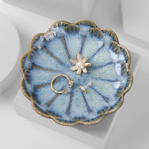ALXBSONE Portagioie a forma di foglia di loto, vassoio porta anelli, vassoio per chiavi, piatto decorativo in ceramica (petali-blu)
