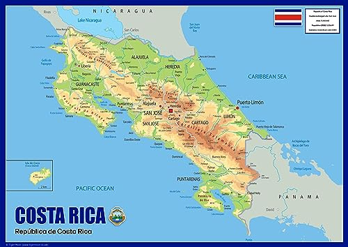 Mapa físico de Costa Rica - La colección Oxford - Tamaño A1 - Papel laminado