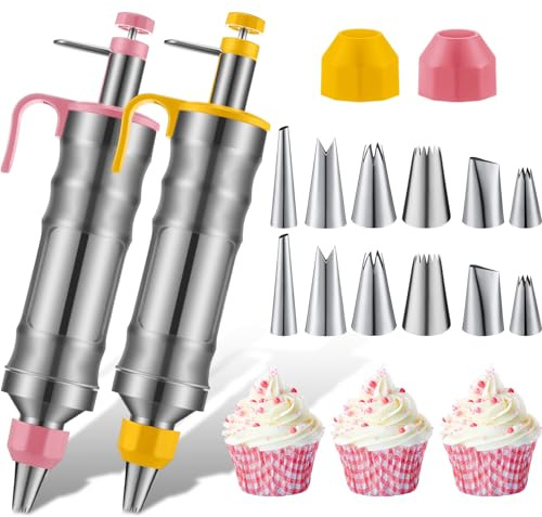 Uiifan 2 Sets Icing Decoration Gun Set Dessert Decorating Decorator Syringe Cake Decorating Tool and 12 Pcs Russian Piping Icing Nozzles Cupcake Filling Injector Cake Tool for Baking(Pink, Yellow)
