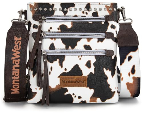 Montana West Cow Print Crossbody Purse for Women Multi Pocket Crossover Side Purses Medium Size Cross Body Bag with Wide Guitar Strap Travel MWC-184COW