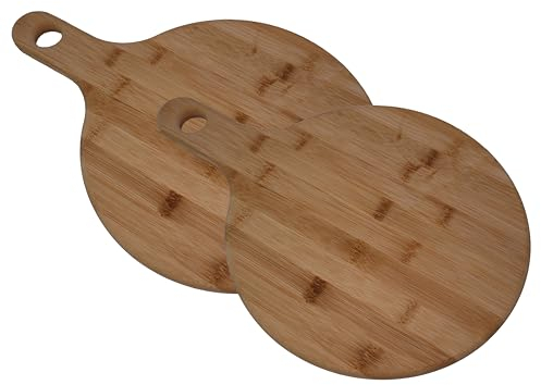 hausleben 2 assiettes à pizza en bambou | Ø 25,5 cm | Lot de 2 | Planche à pizza : planche à découper et de service ronde avec poignée