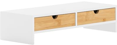 SoBuy Wooden Monitor Stand with Drawers Monitor Riser Computer Stand Desk Shelf Home Office Desk Accessories White-Natural 47x18x11cm BBF02-WN