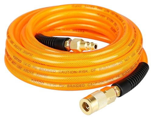 YOTOO Reinforced Polyurethane Air Hose 1/4 Inner Diameter by 25' Long, Flexible, Heavy Duty Air Compressor Hose with Bend Restrictor, 1/4 Swivel Industrial Quick Coupler and Plug, Orange