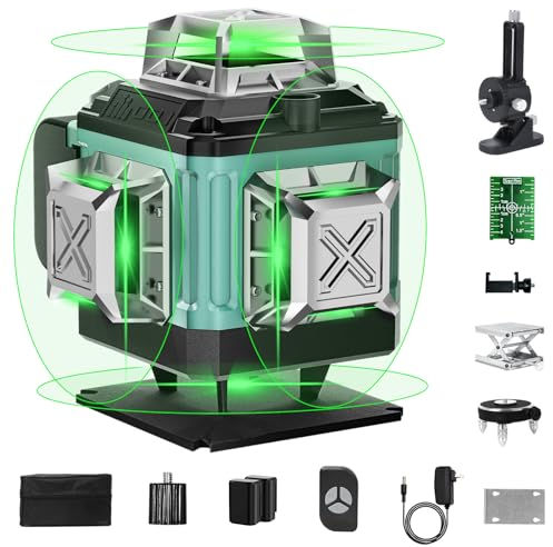 Kreuzlinienlaser Grün 16 Linien Nivellierlaser, 4 x 360 °Laser Wasserwaage Selbstnivellierend, Linienlaser kreuzlaser für Innenbereich Baustelle, 2 Akkuse,Einstellbare Helligkeit,Fernkontrolle