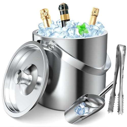 GMGXX Eiswürfelbehälter Edelstahl, 1,6L Eiseimer mit Doppelwand-Design, Eisbehälter für Eiswürfel Eiskübel mit Deckel & Eisschaufel & Zangen, Tragbar Eiskühler zum Kühlen von Bier Champagner Wein
