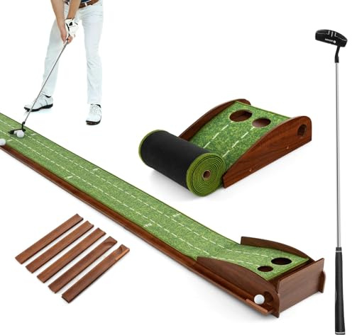 Costway puttingmatta, golfmatta med 2 hål, bilåterkomst träningsmatta med 3 golfbollar och konstgräs, puttingtränare inomhus utomhus för nybörjare, proffs (2 hål, med putter)