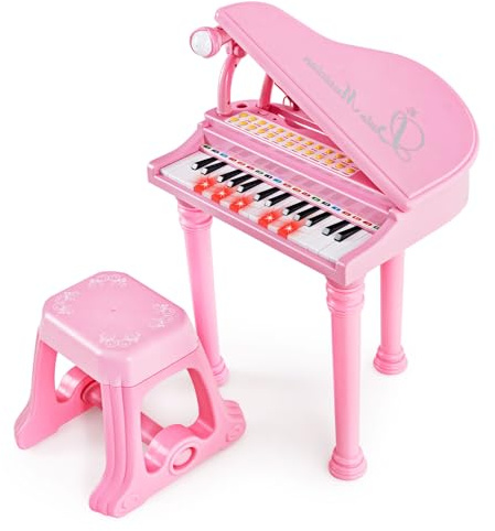 KOMFOTTEU Clavier Enfants 31 Touches, Microphone, 8 Effets Percussion, Rose | Piano Numérique, 4 Styles d'Accompagnement, Piano électronique avec Tabouret, Clavier pour Enfants