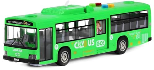 Cemirk Bus Toy for Boys and Girls Ages 1 and Up - with Lights and Sounds, Realistic Tires, Simulated Functional Doors, Friction-Powered Movement, Green