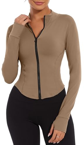Yutdeng Giacca Sportiva Giacca da Corsa da Donna con Zip a Maniche Lunghe Fitness Traspirante Leggera Giacca Running Donna Felpa da Yoga Palestra Slim Fit con Fori per i Pollici,Marrone,M