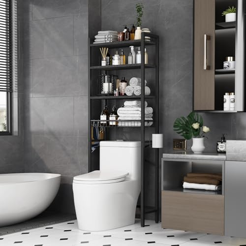 Kalrin Estante de Baño Multifuncional Ajustable de 4 Niveles, Estante sobre el Inodoro con Cestas, Ahorra Espacio y Fácil de Montar - Negro