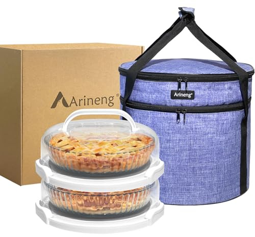 Arineng 2 Pack Pie Containers with Lids and Handles, Includes Insulated Bags and Non-Slip Heating Pads,Pie and Cheesecake Containers, Holds 3 Pie Containers, Thanksgiving Gifts (Purple)