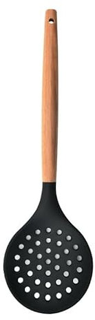 Nvzi Ustensiles de cuisine antiadhésifs en silicone avec poignée en bois, cuillère, écumoire, passoire sans BPA, pour la pâtisserie et le service, noir, 32,2 x 9,6 cm