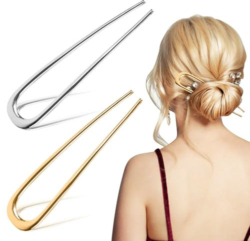 2 Stk U-Förmige Haarnadel, Französische Haarnadeln Groß, U-Förmig French Hair Pin aus Metall, Haarschleife Haargabel Haarstäbchen Haarschmuck für alle Haartypen von Frauen und Mädchen(Gold, Silber)