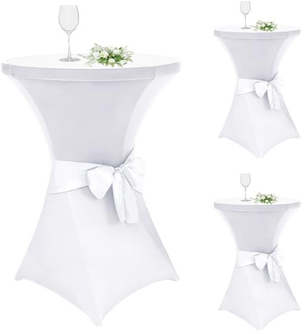 Alishomtll 3er Set Stehtisch Hussen mit Schleife, Ø80cm Stretch Stehtischhussen, Elegante Elastische Tisch-Überzug Hussen für Bistrotisch Runde Stehtisch Bankett Hochzeit (Ø80x110cm, Weiß)