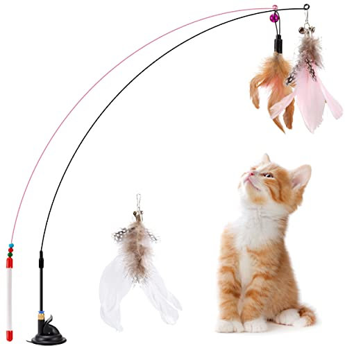 Tunejoy Interaktive Katzenspielzeug Set 2 Stück Katzen Feder Spielzeug mit Starkem Saugnapf Federn Glöckchen für Haustiere SelbstbeschäFtigung Spielen Ausbildung Aktivität