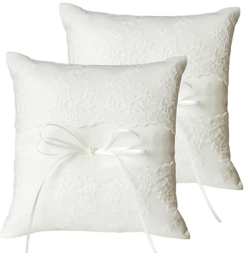 QIRMIZI 2 PC Wedding Ring Pillow - Lace Pearl Ivory Bearer Cushion for Your Perfect Wedding Party