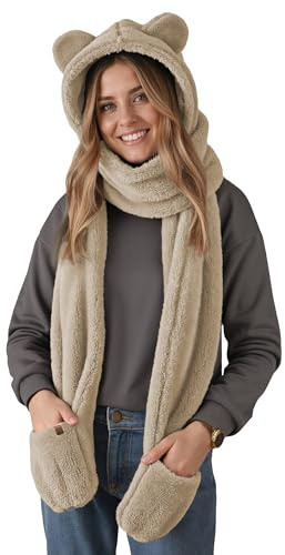 VIVISENCE Damen 3-In-1 Teddybär Kapuze Schal Und Fäustlinge One Size