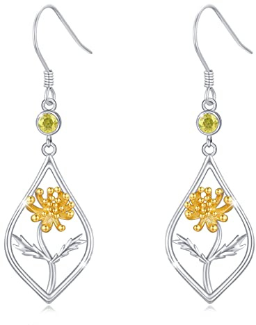 Flower Earrings S925 Sterling Silver Chrysanthemum Drop Earrings Yellow Topaz November Birthstone Earrings Flower Jewellery for Women Birthday Birthstone Gifts