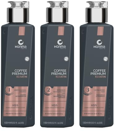 Honma Tokyo Coffee Premium, Kit de Traitement à la Kératine Professionnel, 3 x 150ml, Shampooing, Masque Reconstructif, Masque Ultra-Brillance