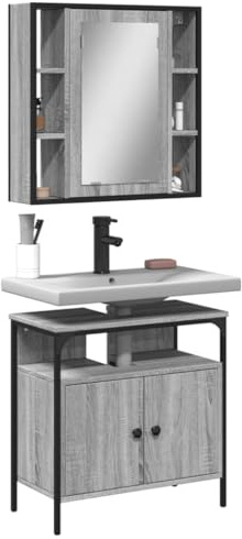 LVHUIDEH Badmöbel-Set(Waschbeckenunterschrank + Spiegelschrank Kombination), 2er Set, 60 x 30 x 60 cm, Holzwerkstoff + Pulverbeschichteter Stahl + Glas