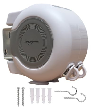 Novostyl 30 metre Retractable Reel Clothes Lines Washing Line with Twin Cable - Wall Mounted Heavy Duty Clothes Dryer | White 30M, 2 x 15m Lines of Drying Space
