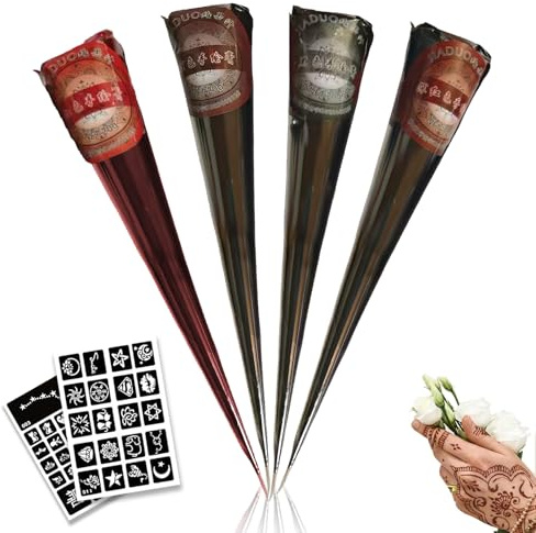 ElevaPulse Hennaa Braun Sommersprossen Set, 4 Natürliche Tattoo Kegel mit 44 Schablonen für Körperkunst, Temporäre Hennaa Farbe in Schwarz Rot Dunkelrot Braun