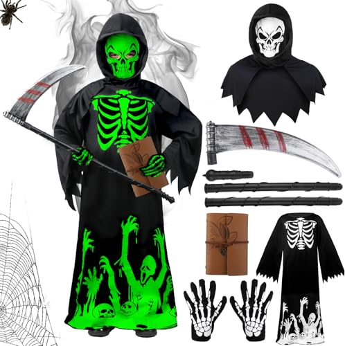 Kitimi Costume Mietitore Bambino 5PCS Luminoso Costume Morte con Falce Della Morte Guanti Maschera, Vestito di Halloween per Ragazze Ragazzi Costume Morte Halloween Carnevale